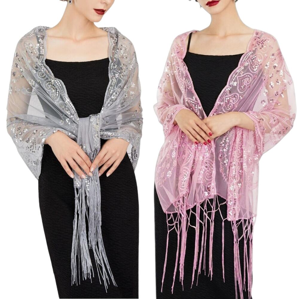 NWT Women's Peacock Heart Sequin Fringed Party Evening Shawl